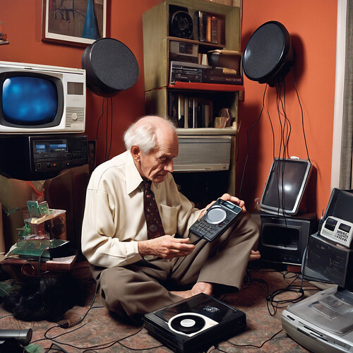 Nostalgic scene of a elderly man in a high tech future metropolis apartment despondently dusting off a vintage 1990's discman, VHS tapes, wired phone and cathode ray tube tv - pining for bygone days of his vibrant past.