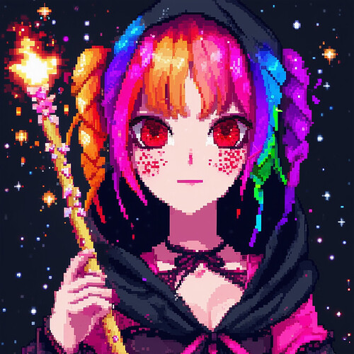 Pixel art portrait of a young female mage demon with rainbow colored hair in pigtails, red eyes, and freckles across her cheeks, wearing a black hooded cloak over a cute pink and black dress, holding a glowing staff, surrounded by sparkling particles