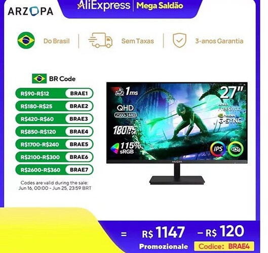 ARZOPA 27 polegadas Monitor Gaming 180hz QHD 2K para PC,2560*1400 IPS rápido com Tipo-C modo Samsung De