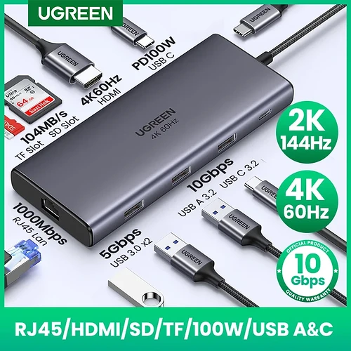 UGREEN |10Gbps USB C HUB 4K60Hz Tipo-C para HDMI RJ45 PD100W