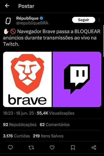 navegador brave vai bloquear propagandas da twitch