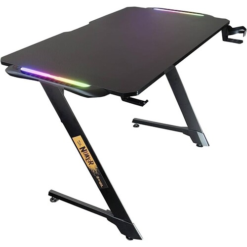 Mesa Gamer Nuker LED RGB com Mouse Pad Organizador de fios Suporte de Copos até 120kg em Carbono - BRIGHT MG001