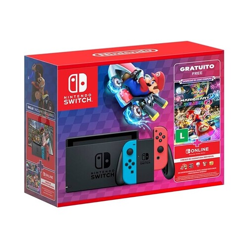 Nintendo Console + Jogo Switch Azul e Vermelho Jogo Digital Mario Kart 8 Deluxe 3 Meses de Assinatura Nintendo Switch On