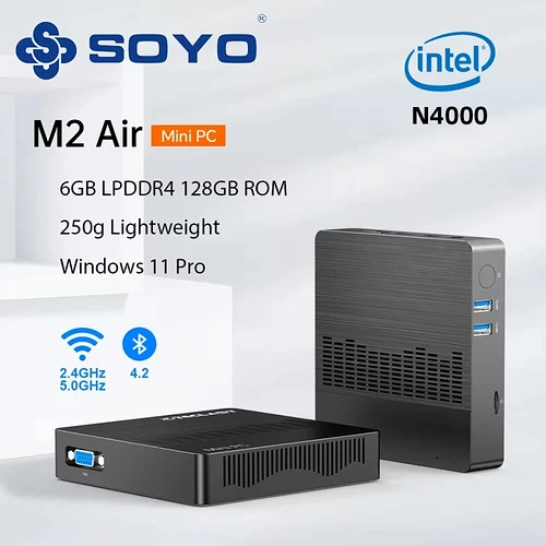 SOYO M2 Air Mini PC: Poderosa 6 GB de RAM 128 GB EMMC Intel N4000 Windows 11 Pro - Compacto e Ideal para Ca