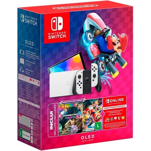 Nintendo Console + Jogo Switch OLED Branco Jogo Digital Mario Kart 8 Deluxe 3 Meses de Assinatura Nintendo Switch Online
