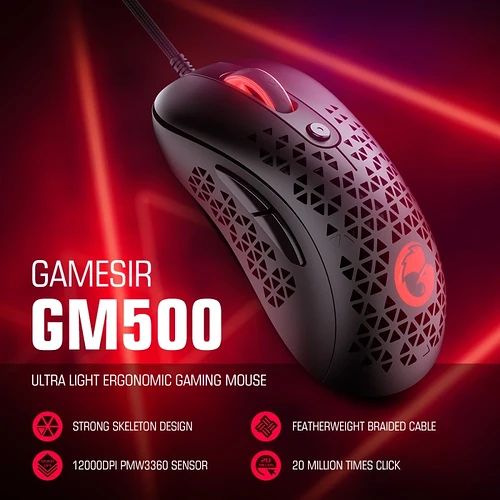 Mouse GameSir GM500 com fio Super Leve com Sensor Óptico 12000DPI - PMW33600