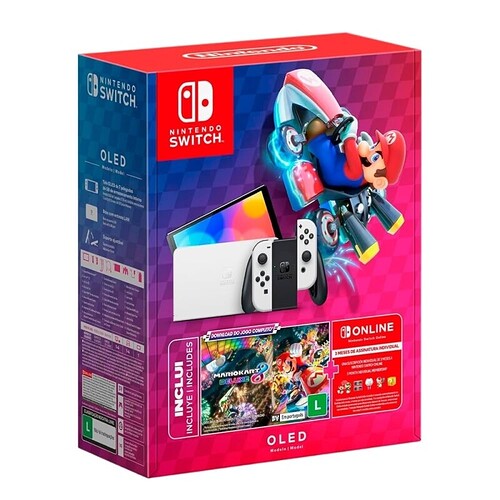 Nintendo Console + Jogo Switch OLED Branco Jogo Digital Mario Kart 8 Deluxe 3 Meses de Assinatura Nintendo Switch Online