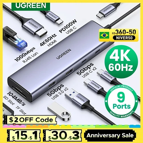 UGREEN USB C HUB 4K60Hz Adaptador HDMI USB C para USB3.0 PD100W SD e TF para MacBook Pro Air Laptop Tipo C 3.1 Estação