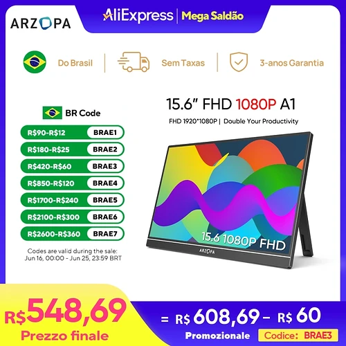 NOVO ARZOPA 15.6 inch Monitor Portátil FHD 1080P IPS USB-C Mini-HDMI Segunda Tela Externa para Mac