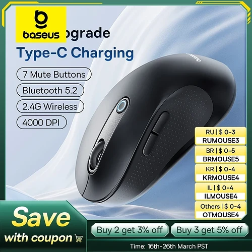 Nova atualizaçãoBaseus recarregável sem fio mouse tipo-c carregamento bluetooth 5.2 4000 dpi computador portát