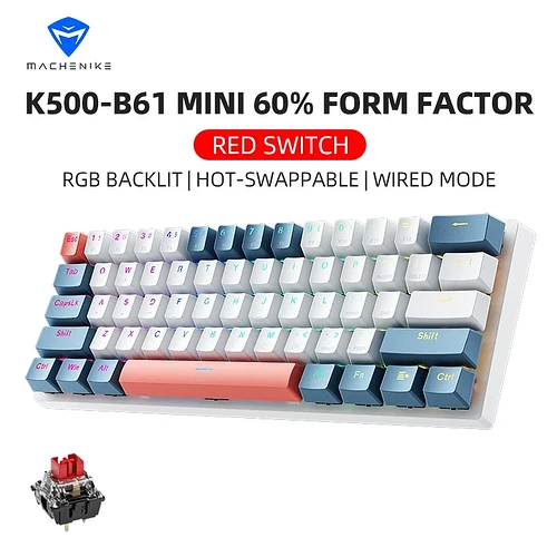 Machenike K500-B61 Mini Teclado Mecânico 60% com Fio ,Teclas Removíveis Retroiluminação RGB Switch Re