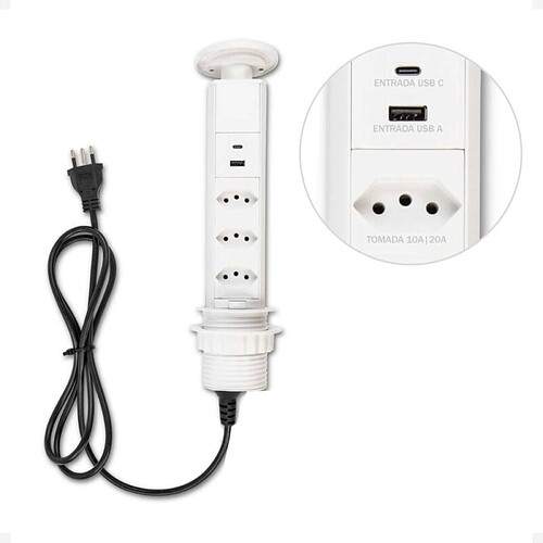 Torre De Tomadas Retrátil Bivolt Multiplug Usb A Usb C 3 Tomadas 20a De Embutir (Branca)