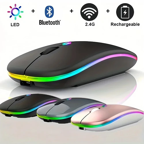 Mouse sem fio Bluetooth e 2,4 GHz modos duplos recarregável RGB ergonômico silencioso clique para PC iPad laptop celul