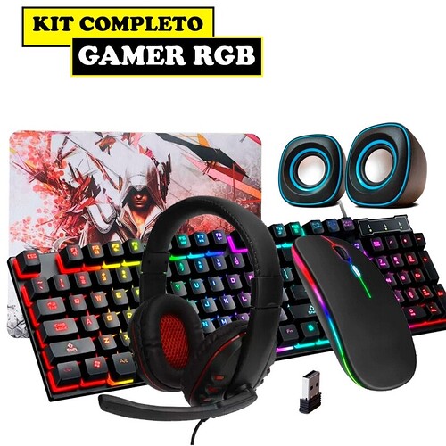 Kit Gamer Teclado Semi-mecânico + Mouse 3200 Dpi Sem fio RGB + Mouse Pad + Headset + Caixa de som pc