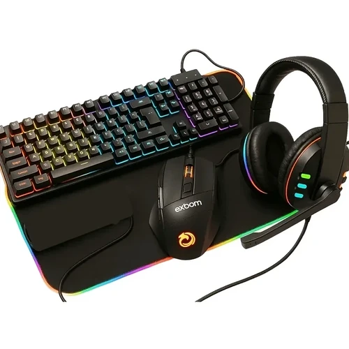 Kit Gamer Teclado Semi-mecânico RGB Mouse RGB MousePad LED Preto Mousepad Mundo Headphone Fone