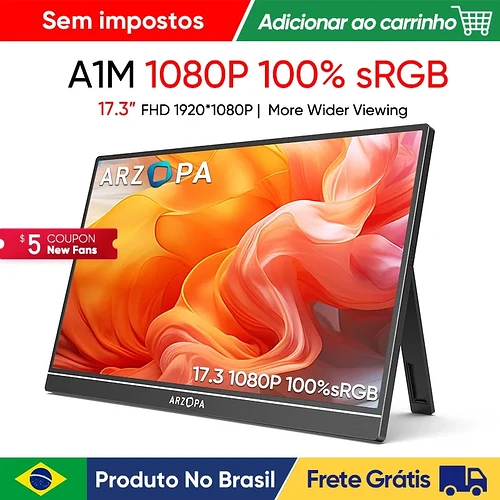 Monitor portátil ARZOPA de 17,3 polegadas 1080P FHD 100% sRGB tela IPS 16:9 corpo de metal com m