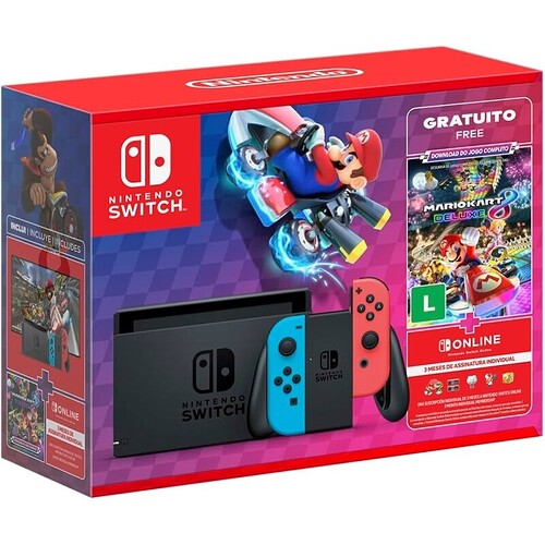 Nintendo Console + Jogo Switch Azul e Vermelho Jogo Digital Mario Kart 8 Deluxe 3 Meses de Assinatura Nintendo Switch On
