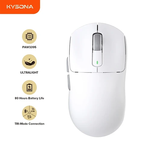Kysona m600 paw3395 branco sem fio gaming esports mouse 55g 26000dpi 6 botões óptico pam3395 ratos de computador para