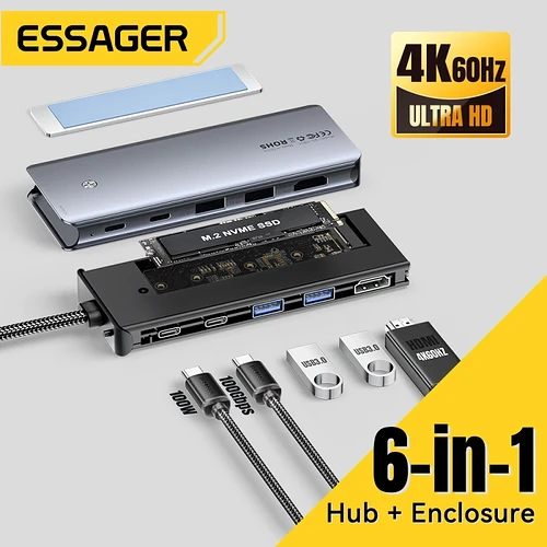 Hub USB-C Essager com case SSD M.2 7 em 1 com HDMI USB 3.2 PD 100W e 10Gbps pra Mac