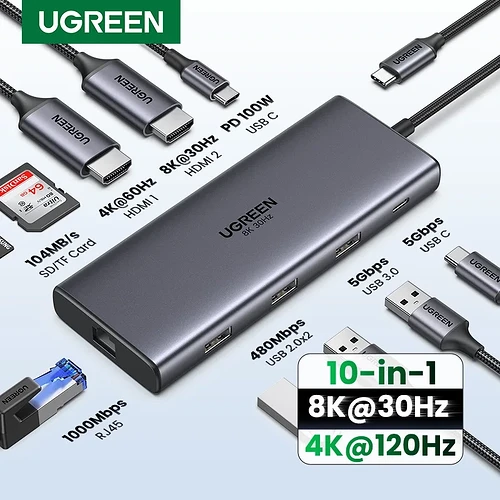 UGREEN Dual HDMI USB-C HUB 8K 4K Adaptador HDMI 10 em 1 Divisor com RJ45 USB3.0 PD 100W Dock para MacBook Pro Air Laptop