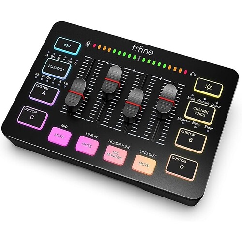 FIFINE Gaming Audio Mixer Mixer RGB para PC de Streaming com Interface de Microfone XLR Controle Individual Botão de Si
