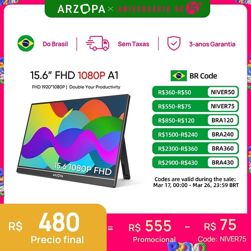 Monitor Portátil Arzopa 15,6" 1080p