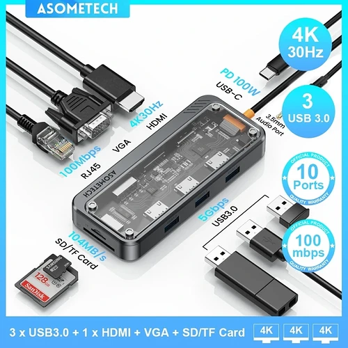 Hub Tipo C 10 em 1 4K60Hz HDMI RJ45 PD 100W VGA USB 3.0 ASOMETECH SW10V