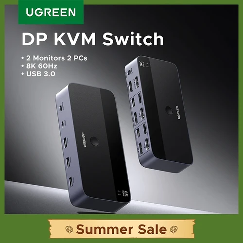 UGREEN DP KVM Switch para 2 Monitores e 2 PCs 8K 60Hz USB 3.0