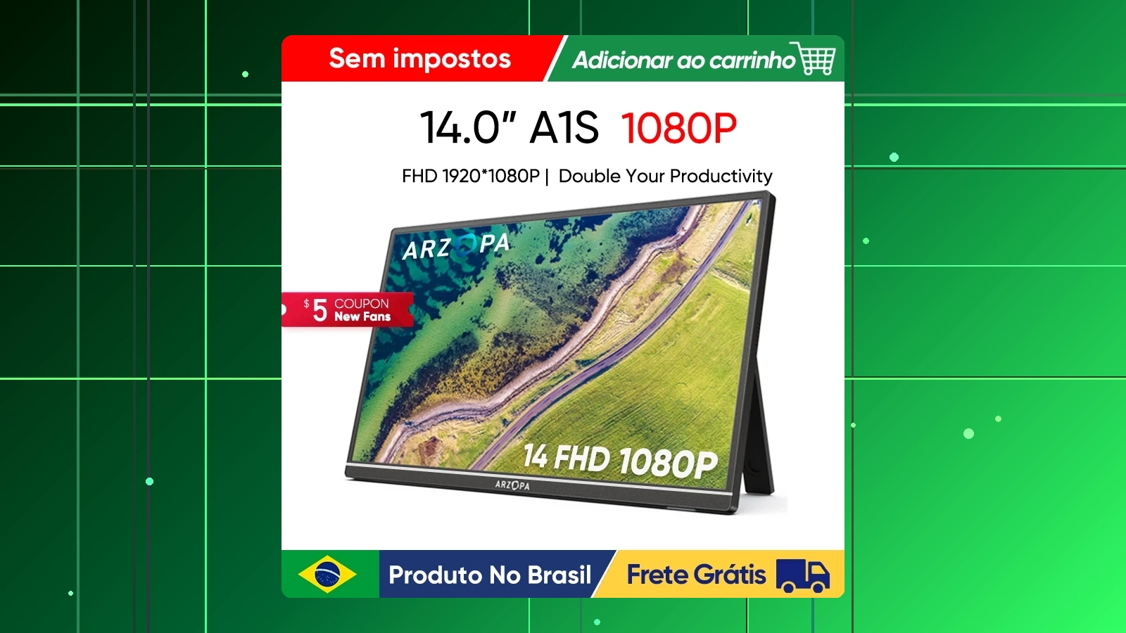 Monitor portátil ARZOPA 14,0 ''1080P FHD IPS com segunda tela externa USB C HDMI para Mac laptop PC switch PS Xbox em promoção