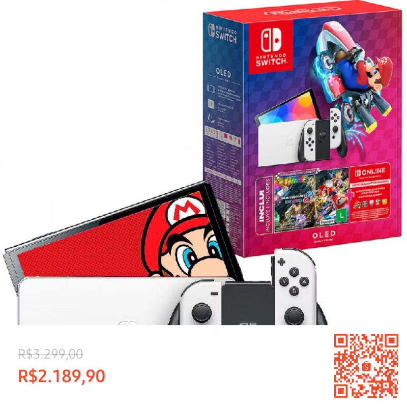 Console Nintendo Switch Oled 64GB + Mario Kart Deluxe 8 Branco com 34% de desconto!