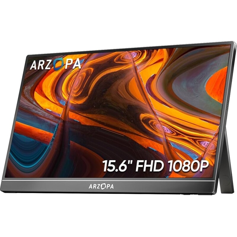 Monitor Portátil ARZOPA 156'' FHD 1080P - Monitor Ultra Fino para Laptop com Suporte - Display IPS para PC MAC Celular