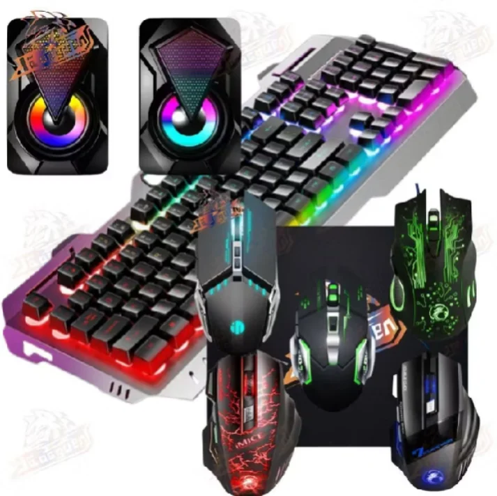 Kit 5em 1 Teclado Gamer Semi Mecanico Iluminado + mouse pad + caixa de som + mouse para Jogos
