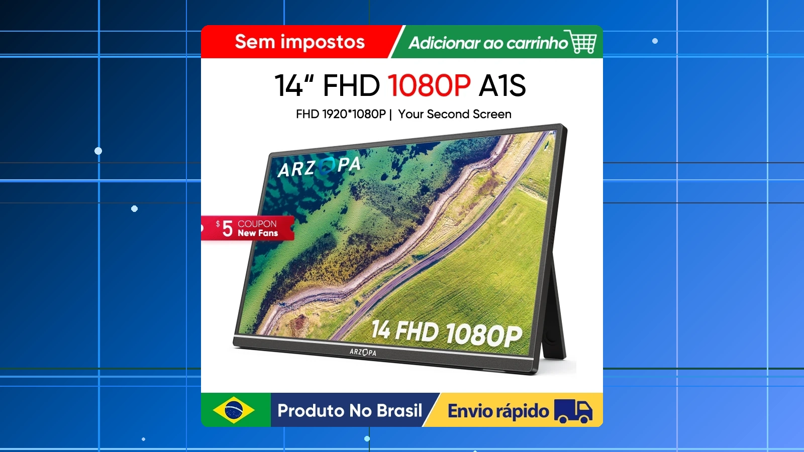 Monitor portátil ARZOPA 14,0 ''1080P FHD IPS com segunda tela externa USB C HDMI para Mac laptop PC switch PS Xbox em promoção