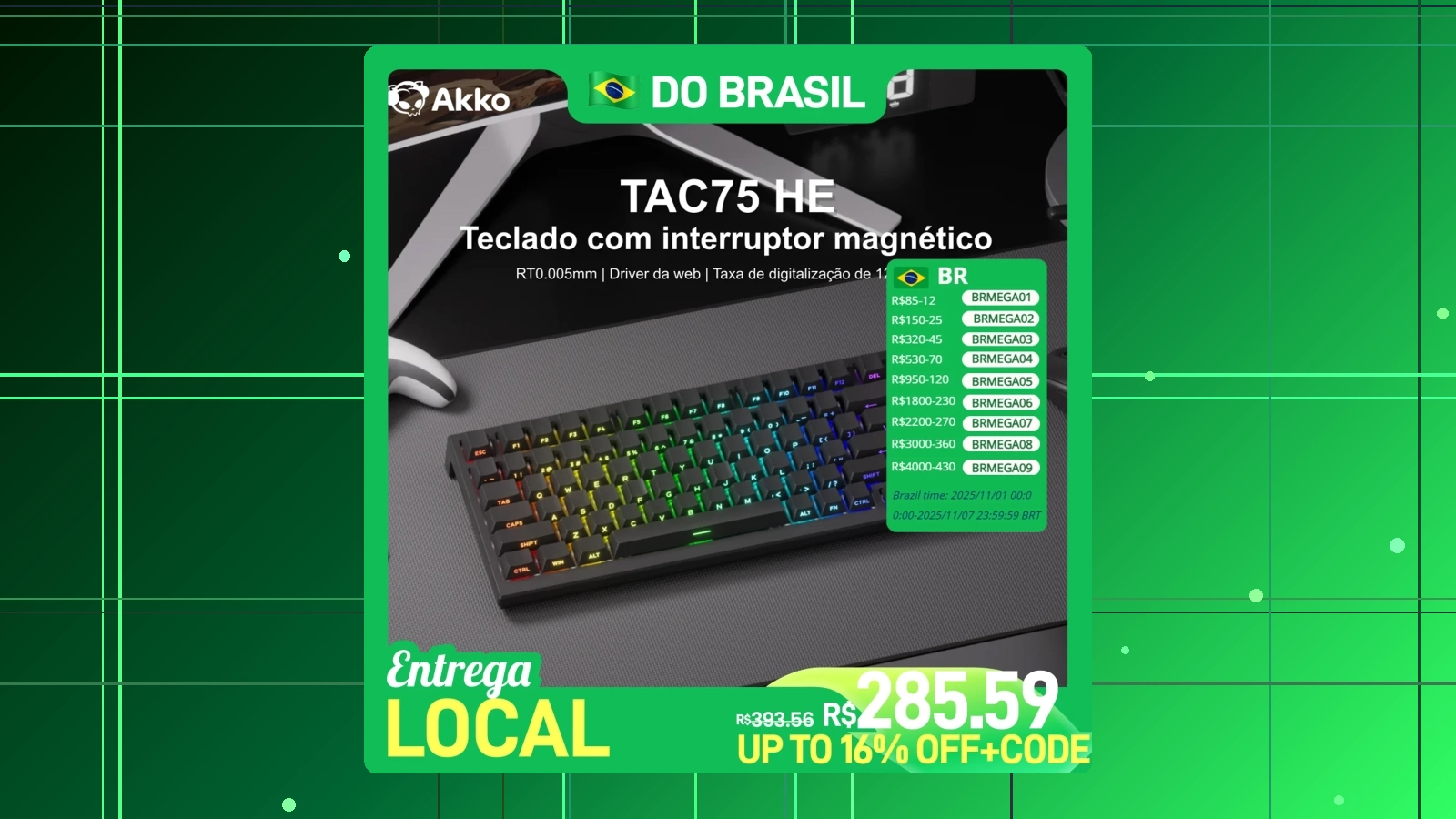 Teclado magnético Akko tac75 he 75% gatilho rápido 0.005mm argb 8k em promoção