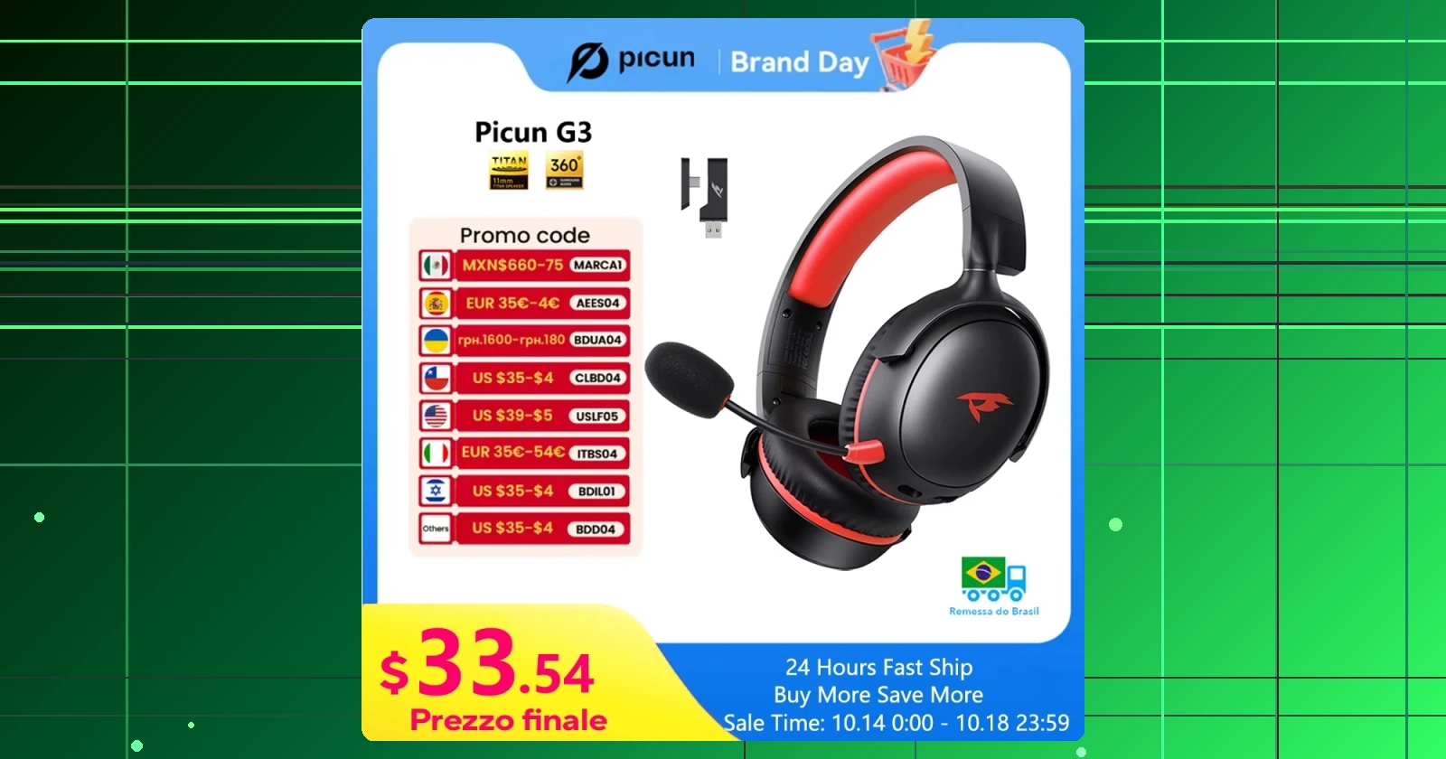 Headset Gamer Sem Fio Picun G3 53mm 2.4GHz Baixa Latência