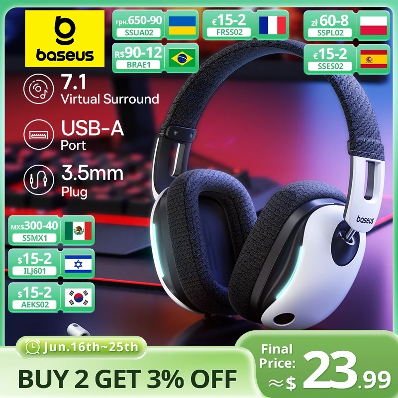 Baseus GoPlay 1 Max Gaming Headset 3.5mm jack & USB com fio Fones de ouvido para PS5/PS4/XBOX/Windows/Switch/Mobile 7.1