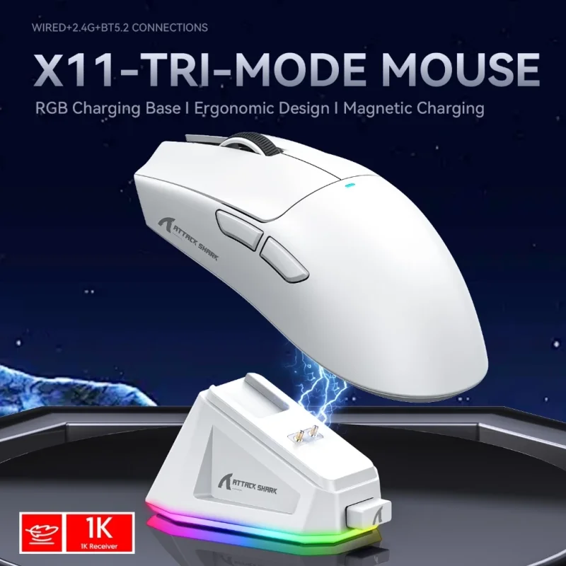 Mouse Attack Shark X11 Sem Fio Buletooth Três Modos 2.4G BT5.0 22000DPI Recarregável RGB Para Jogos PC