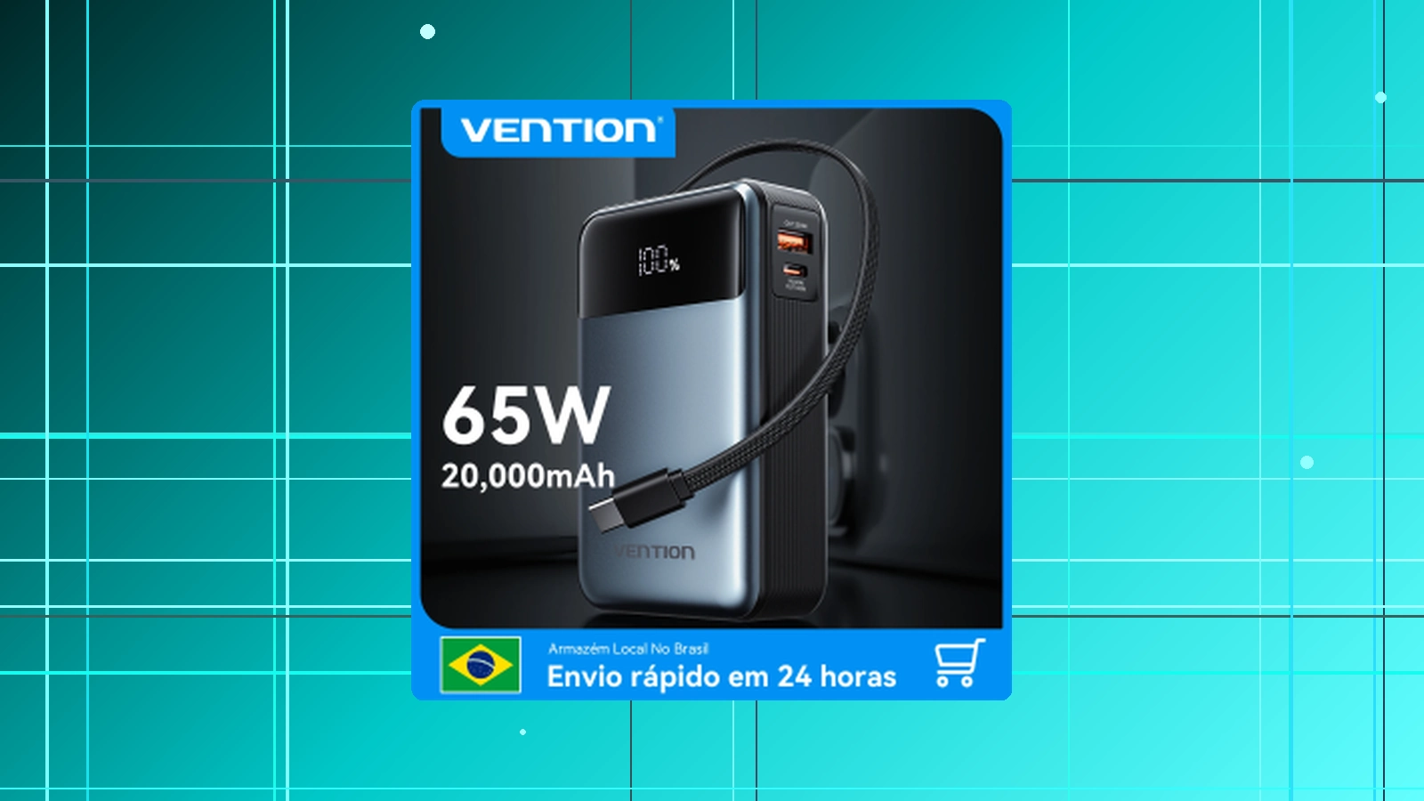 Vention BR 20000mAh PD 65W Power Bank para laptops Xiaomi portátil de carregamento rápido com cabo USB tipo C embutido para iPhone 17 16 em promoção
