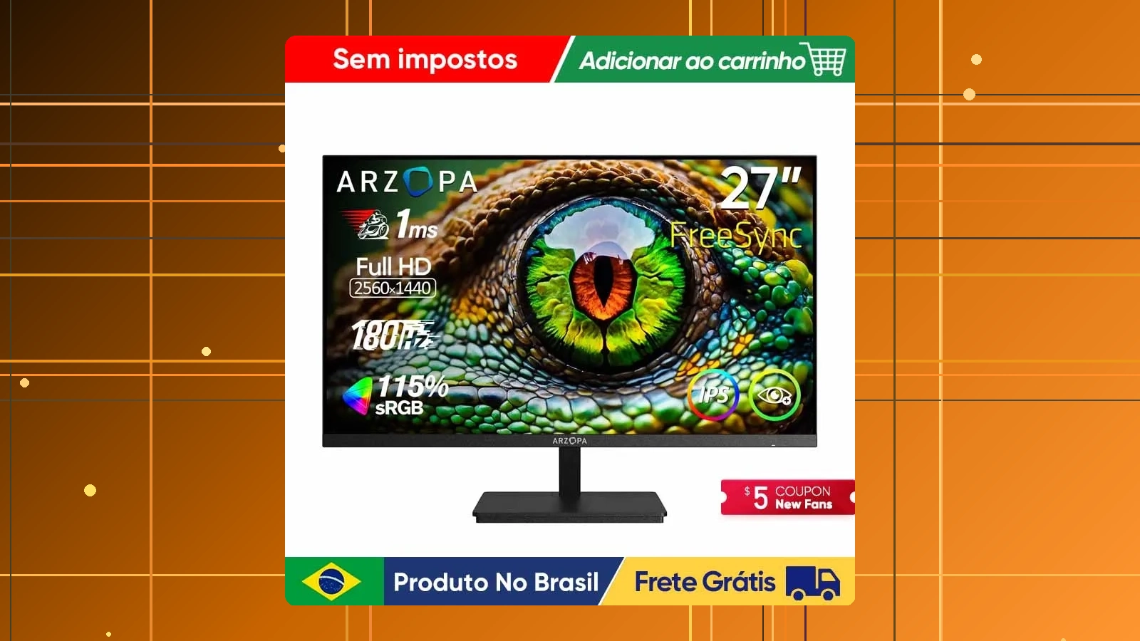 Monitor Gaming ARZOPA 27 polegadas 180hz QHD 2K 2560x1400 IPS em promoção