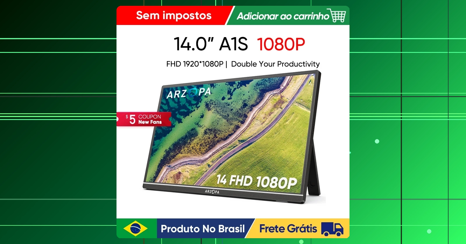 Monitor Portátil ARZOPA 14.0'' 1080P FHD IPS A1S